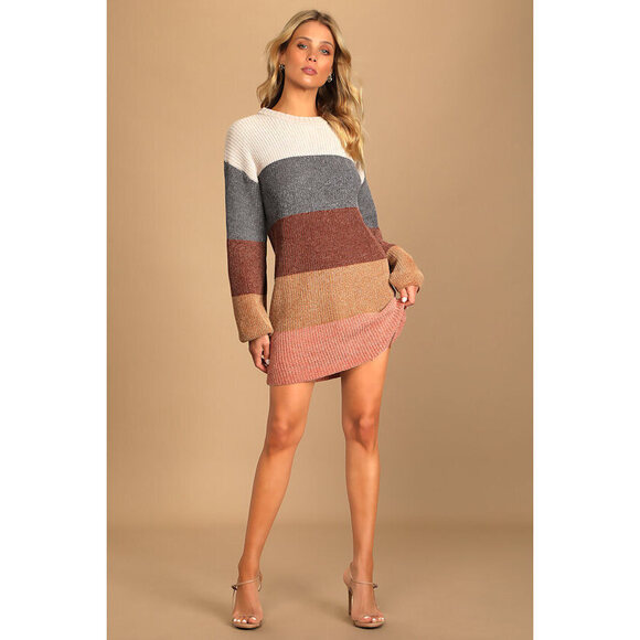 Lulus Dresses & Skirts - Lulus Colors Of Autumn Beige Multi Striped Chenille Knit Sweater Dress - Size M